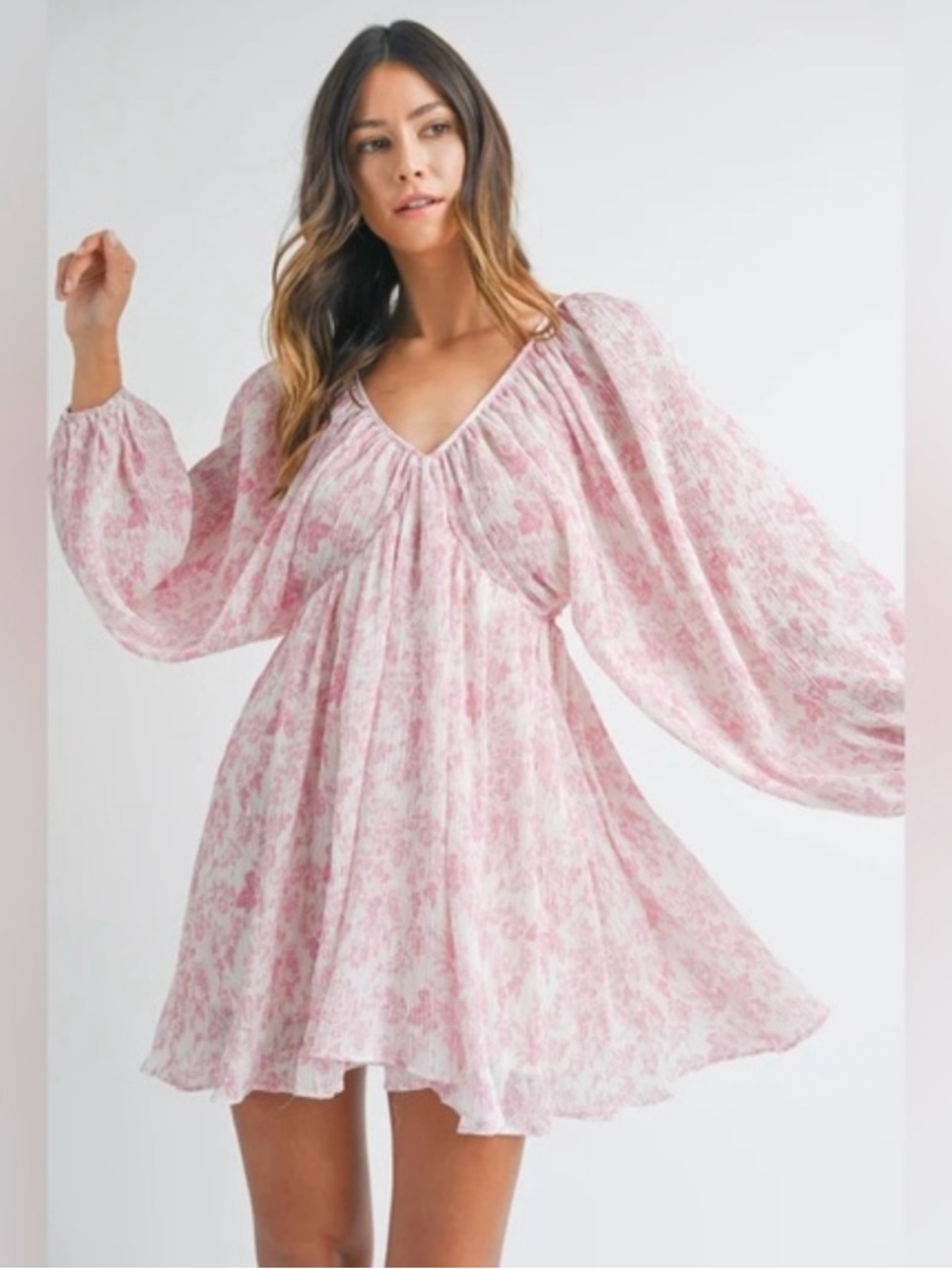 Flowy Pink Floral V-Neck Mini Dress